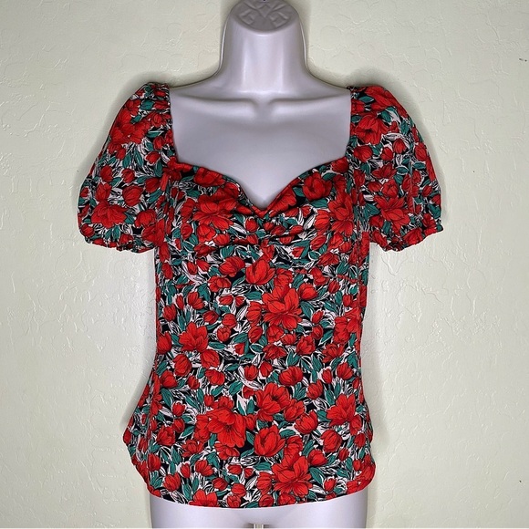 Floral Print Red and Green Puff Sleeve Blouse Top Size Small S - Picture 2 of 16